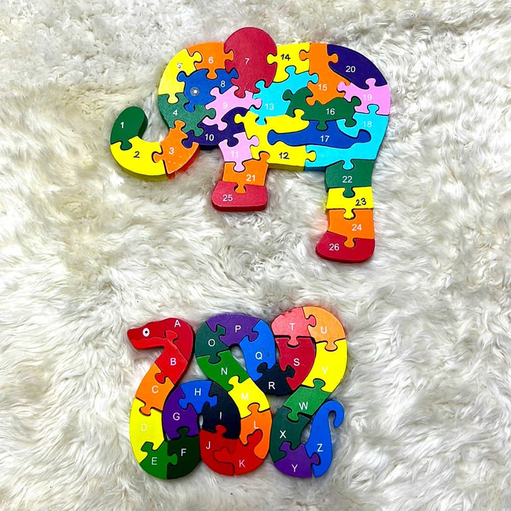 Discover Sensory Wooden ABC/123 Elephant & Snake Puzzle Set